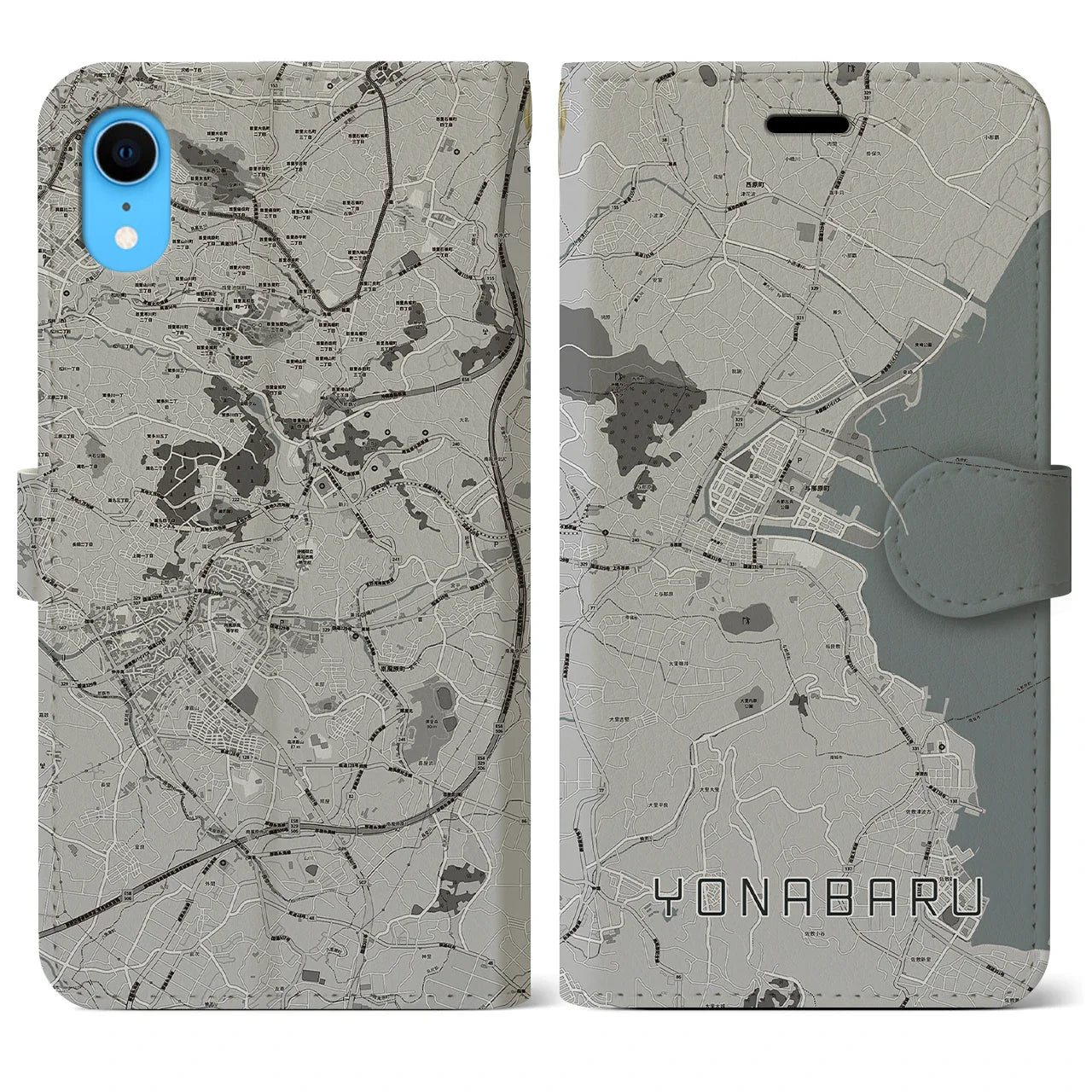 【与那原(沖縄県)】地図柄iPhoneケース(手帳タイプ)モノトーン・iPhone XR 用