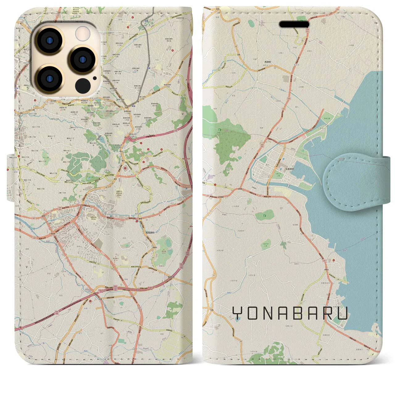 【与那原(沖縄県)】地図柄iPhoneケース(手帳タイプ)ナチュラル・iPhone 13 mini 用