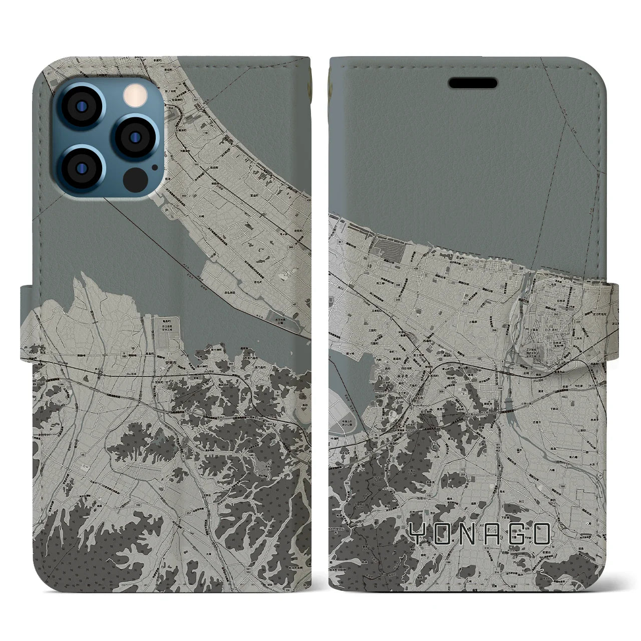 【米子(鳥取県)】地図柄iPhoneケース(手帳タイプ)モノトーン・iPhone 12 / 12 Pro 用