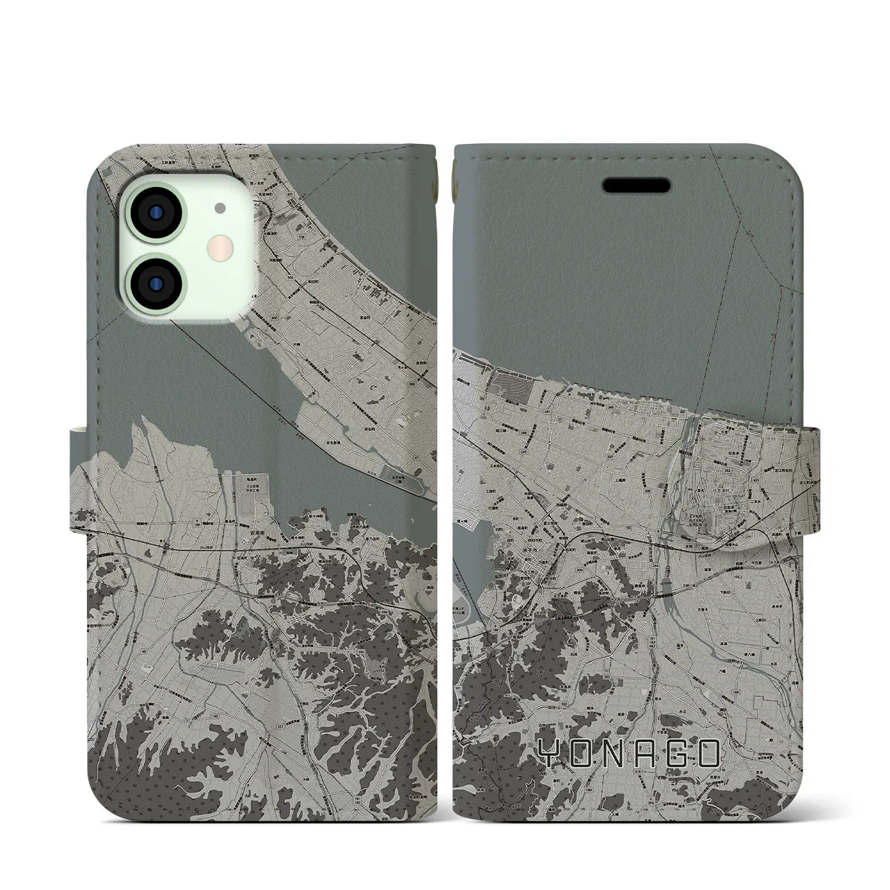 【米子(鳥取県)】地図柄iPhoneケース(手帳タイプ)モノトーン・iPhone 12 mini 用