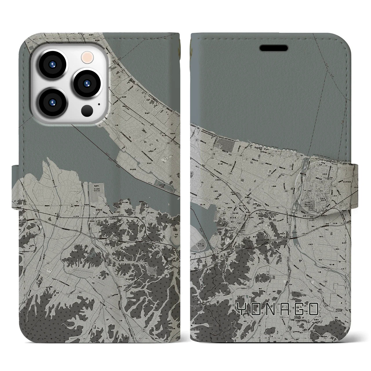 【米子(鳥取県)】地図柄iPhoneケース(手帳タイプ)モノトーン・iPhone 13 Pro 用