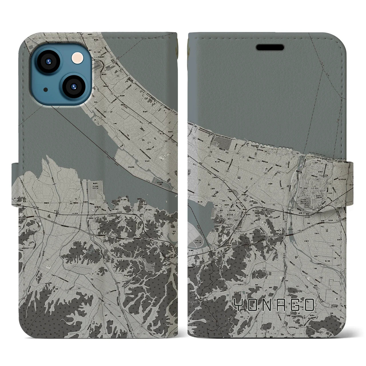 【米子(鳥取県)】地図柄iPhoneケース(手帳タイプ)モノトーン・iPhone 13 用