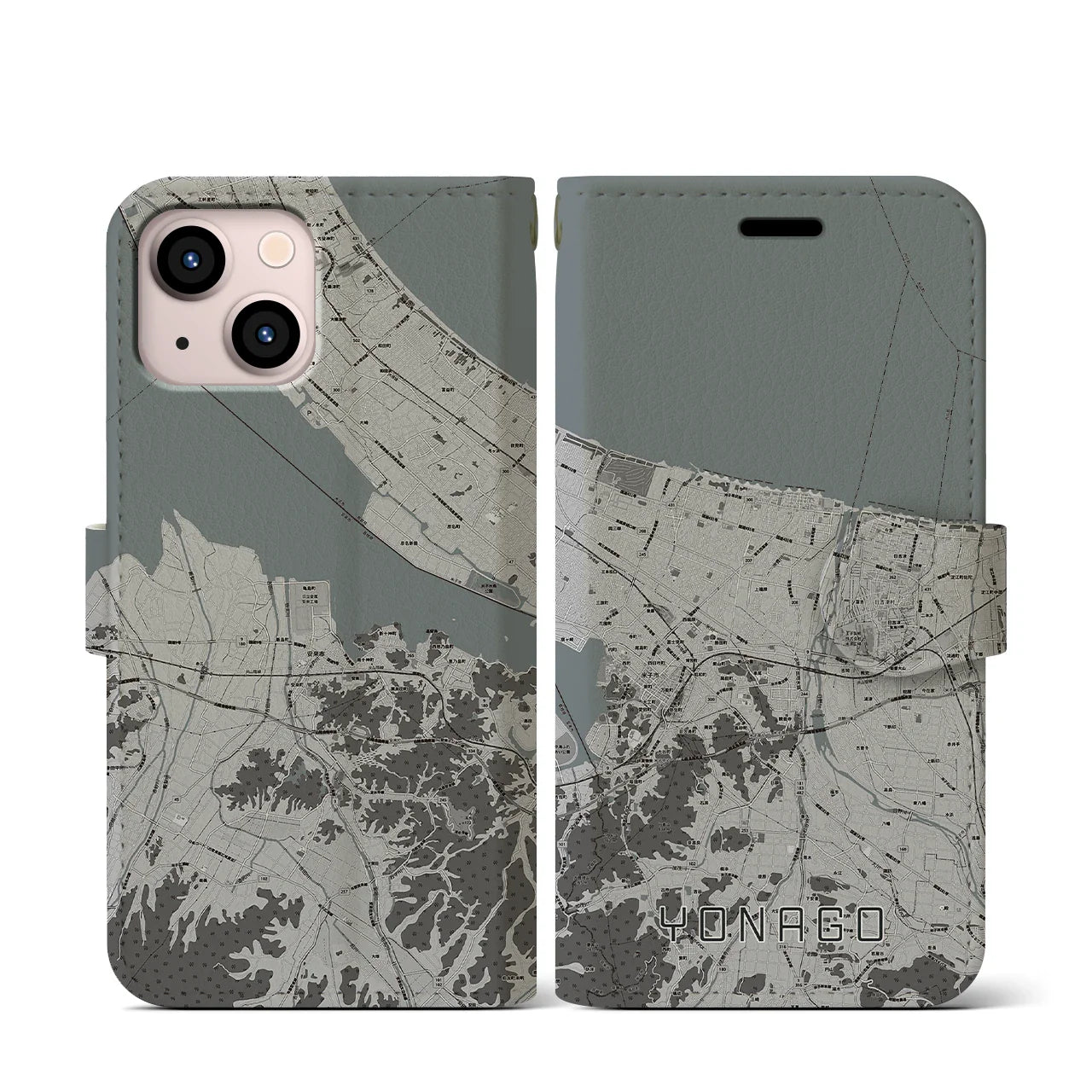 【米子(鳥取県)】地図柄iPhoneケース(手帳タイプ)モノトーン・iPhone 13 mini 用