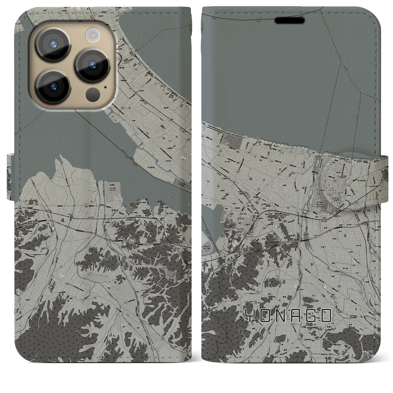 【米子(鳥取県)】地図柄iPhoneケース(手帳タイプ)モノトーン・iPhone 14 Pro Max 用