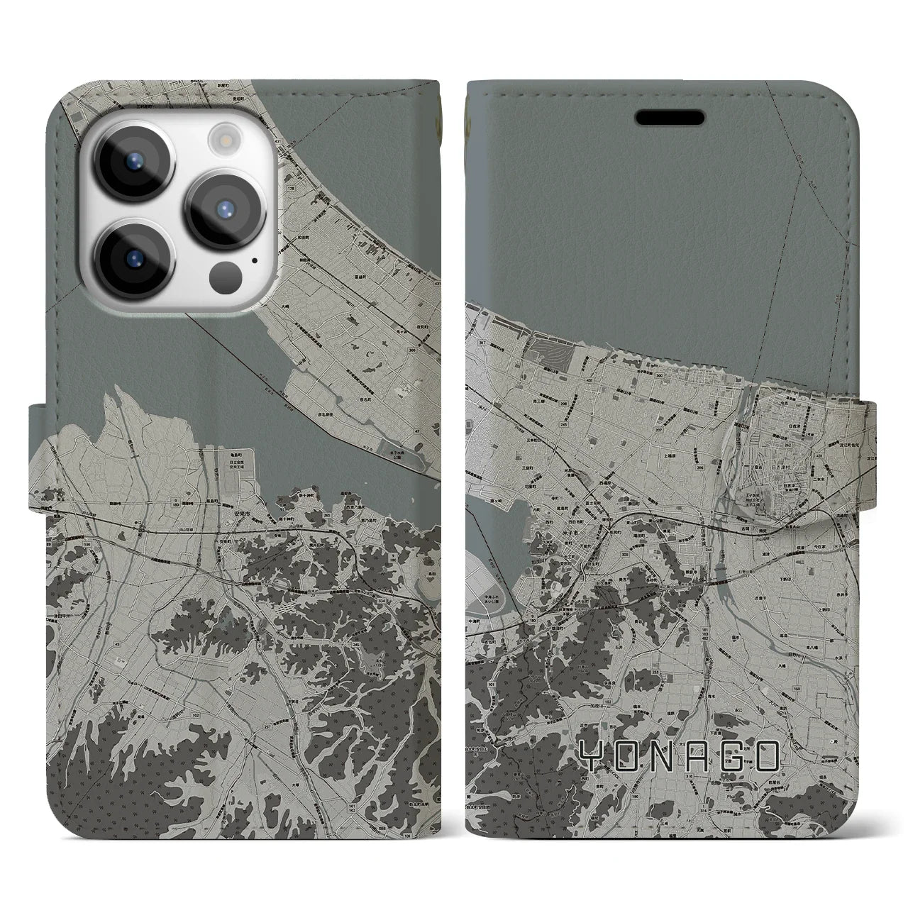 【米子(鳥取県)】地図柄iPhoneケース(手帳タイプ)モノトーン・iPhone 14 Pro 用