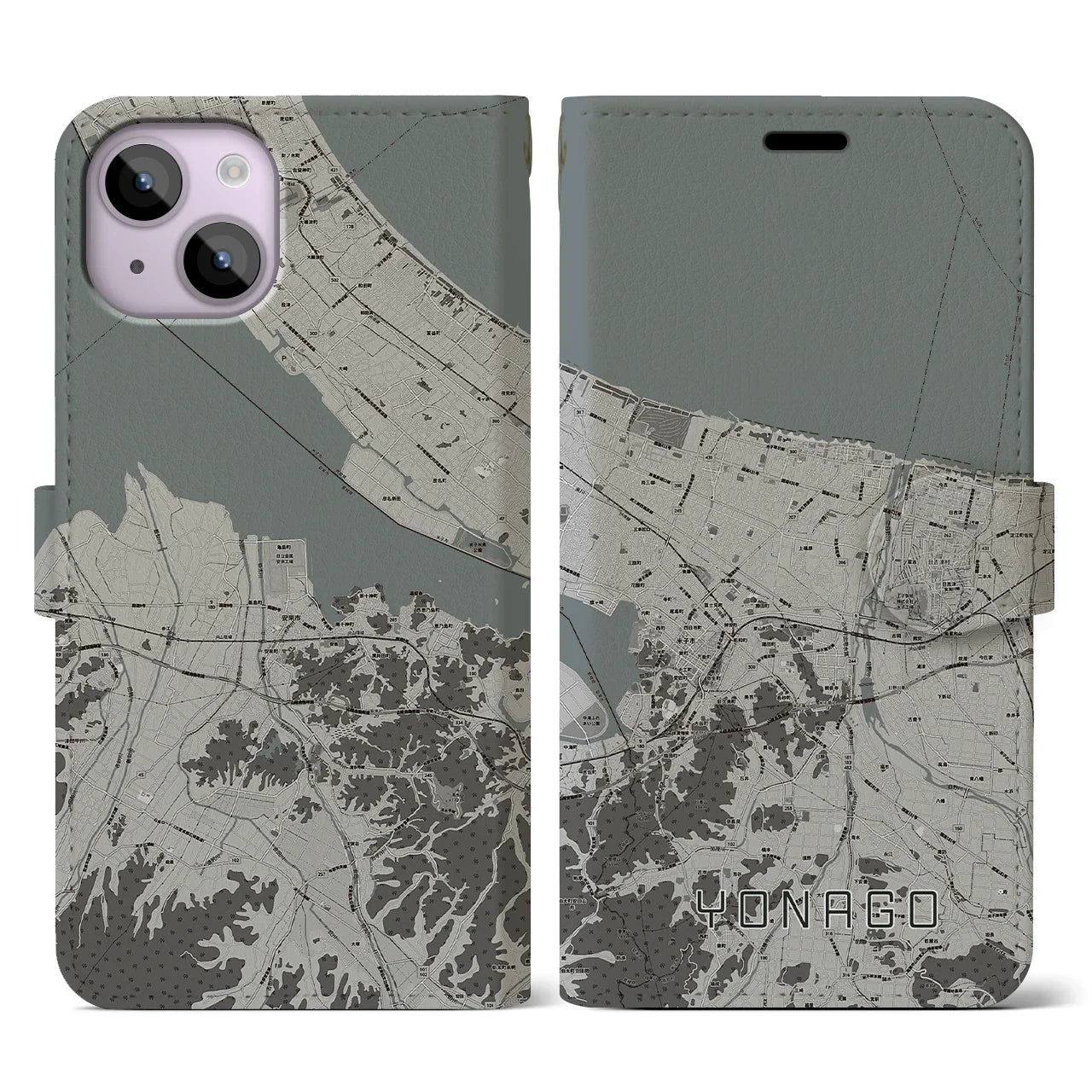 【米子(鳥取県)】地図柄iPhoneケース(手帳タイプ)モノトーン・iPhone 14 用