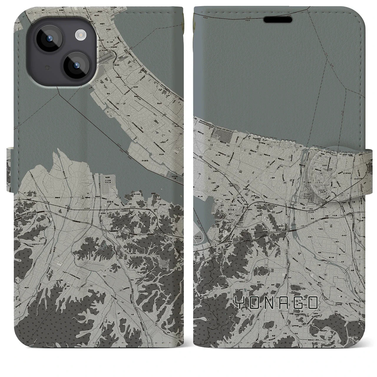 【米子(鳥取県)】地図柄iPhoneケース(手帳タイプ)モノトーン・iPhone 14 Plus 用