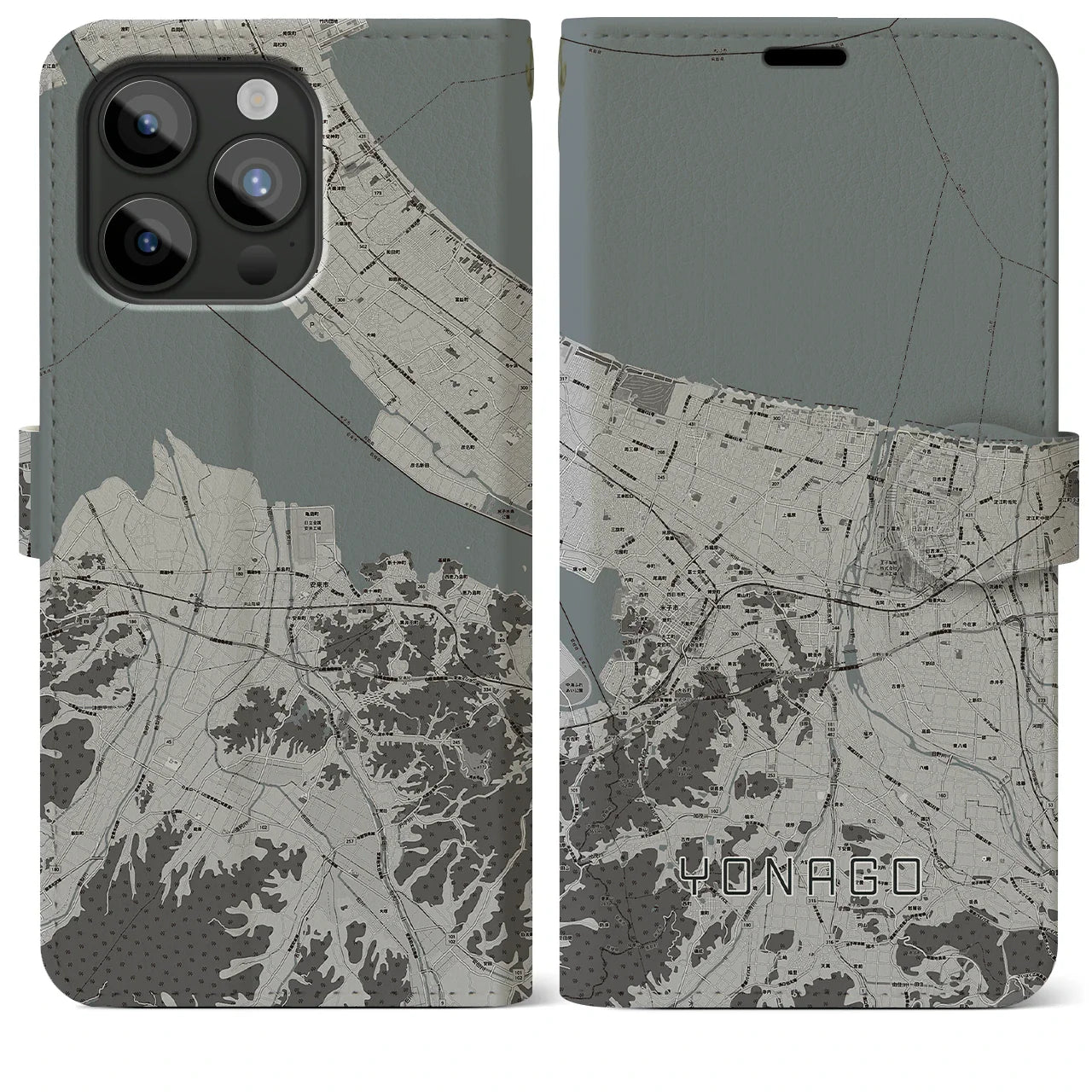 【米子(鳥取県)】地図柄iPhoneケース(手帳タイプ)モノトーン・iPhone 15 Pro Max 用