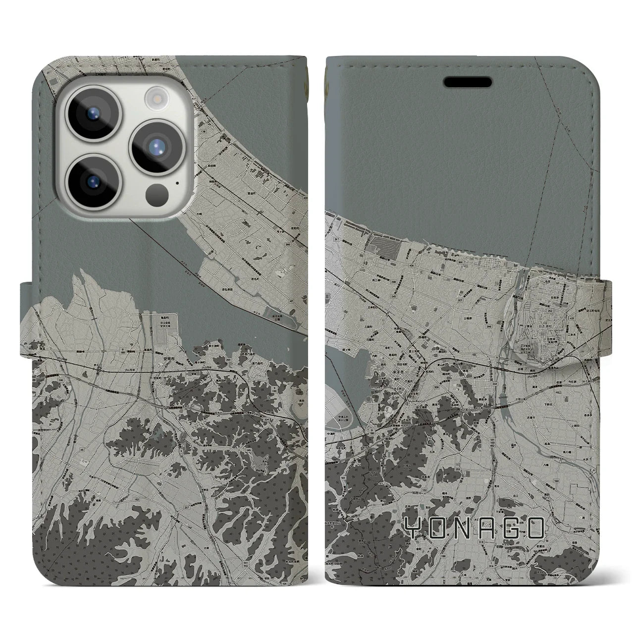【米子(鳥取県)】地図柄iPhoneケース(手帳タイプ)モノトーン・iPhone 15 Pro 用