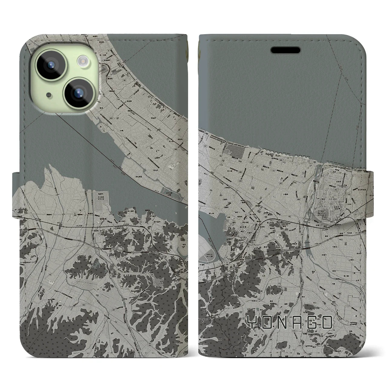 【米子(鳥取県)】地図柄iPhoneケース(手帳タイプ)モノトーン・iPhone 15 用
