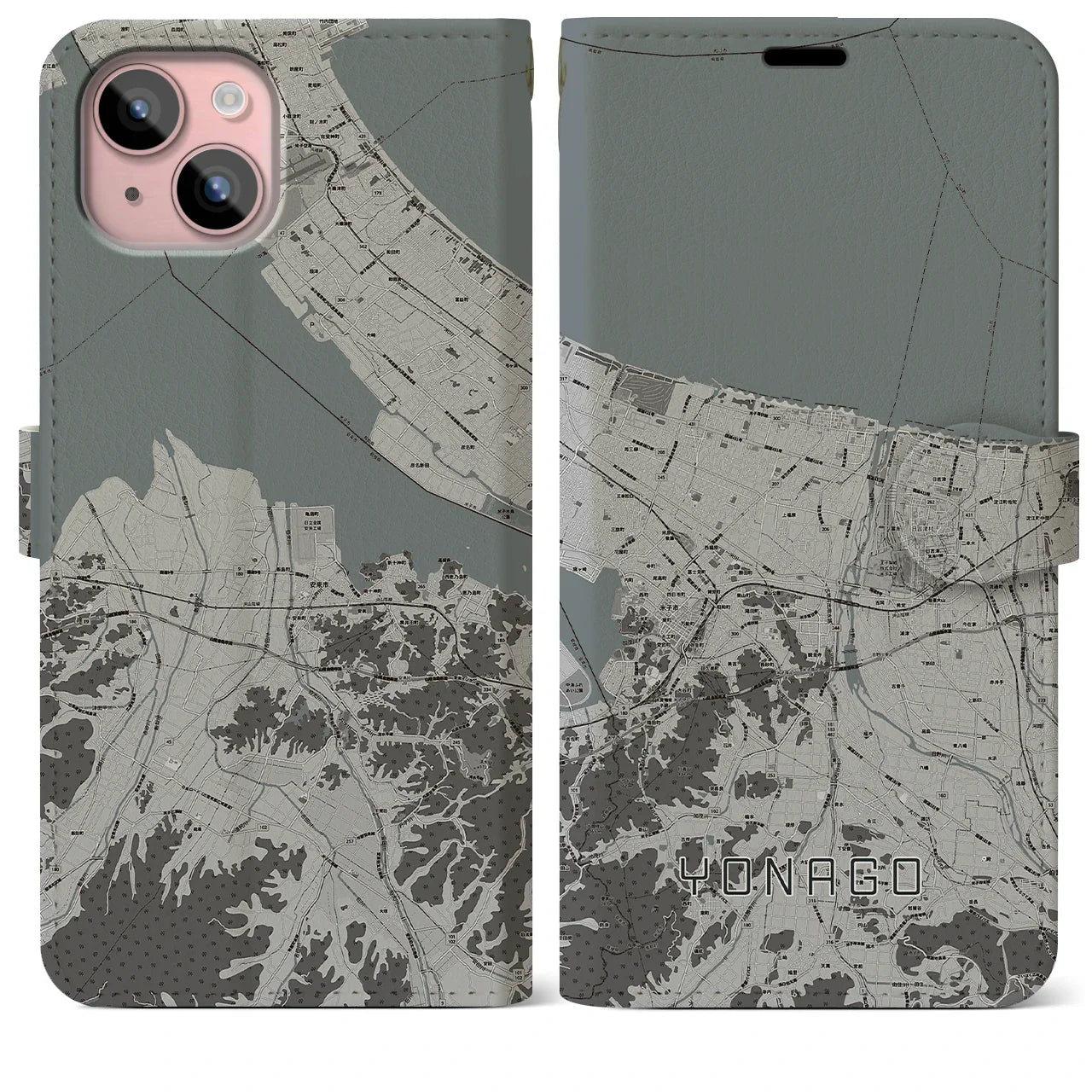 【米子(鳥取県)】地図柄iPhoneケース(手帳タイプ)モノトーン・iPhone 15 Plus 用