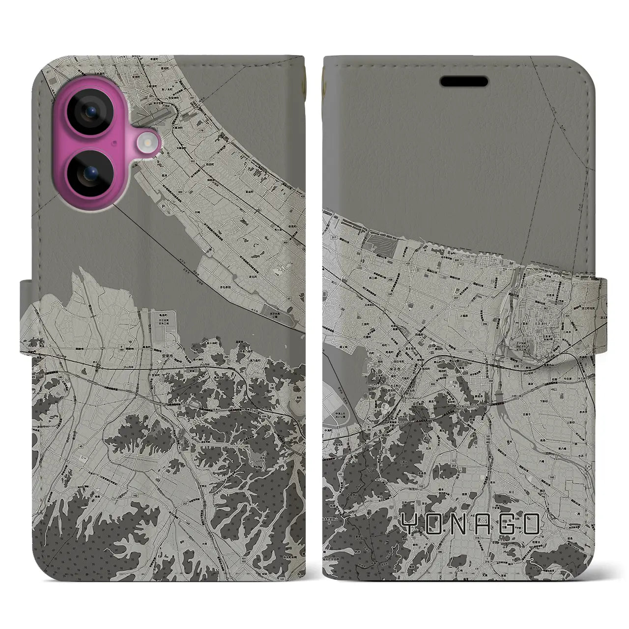 【米子(鳥取県)】地図柄iPhoneケース(手帳タイプ)モノトーン・iPhone 16 Pro 用
