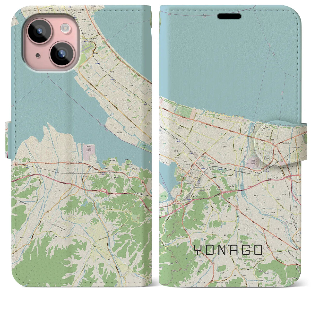 【米子(鳥取県)】地図柄iPhoneケース(手帳タイプ)ナチュラル・iPhone 15 Plus 用