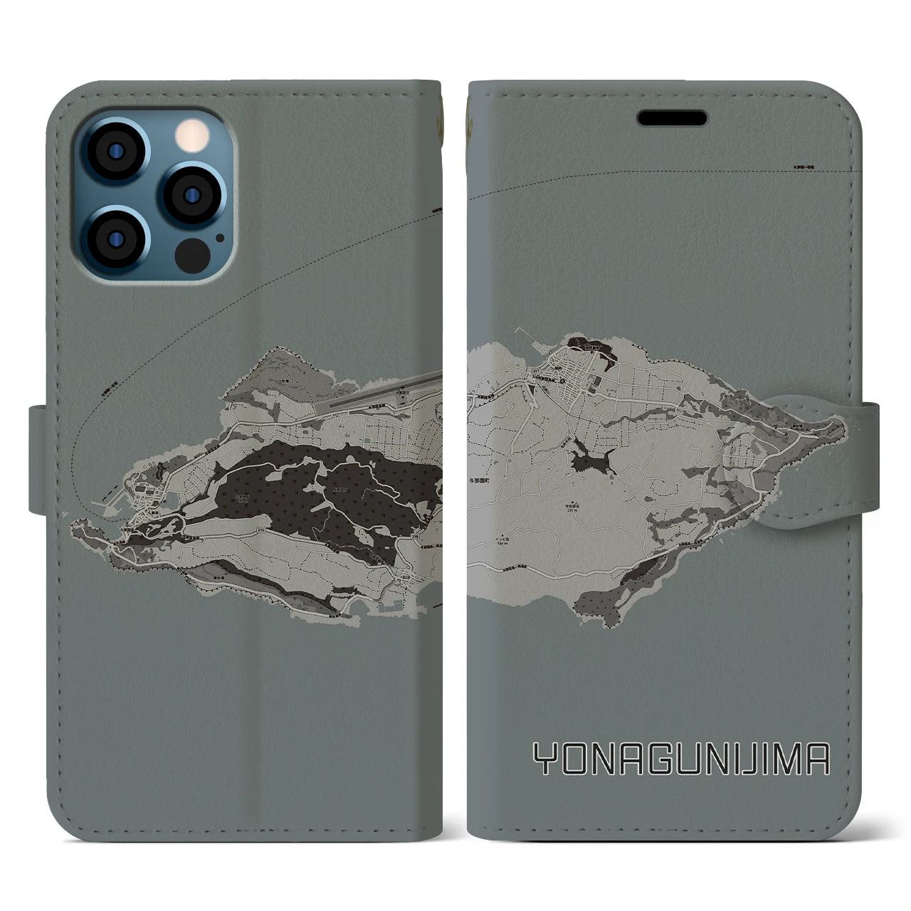 【与那国島(沖縄県)】地図柄iPhoneケース(手帳タイプ)モノトーン・iPhone 12 / 12 Pro 用