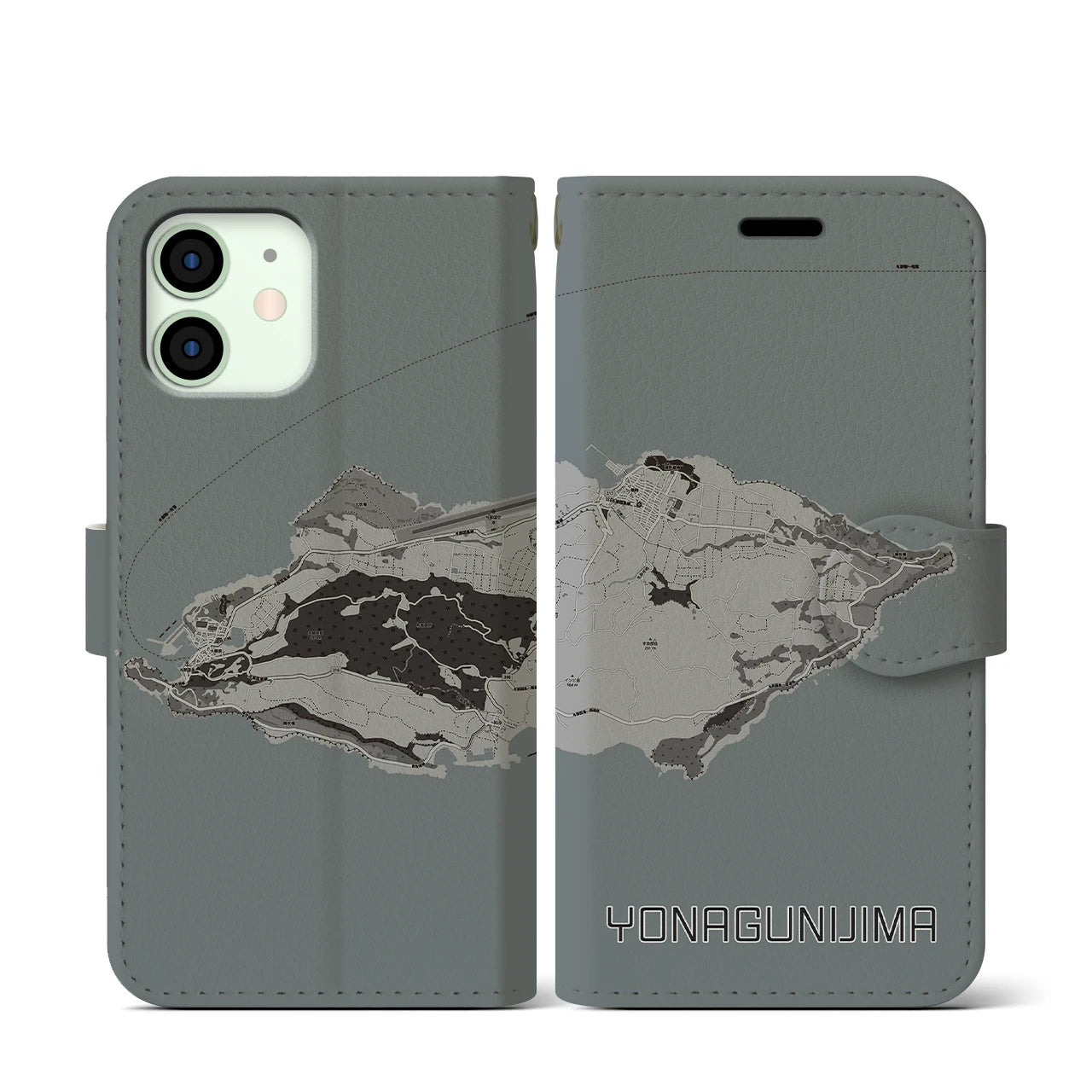 【与那国島(沖縄県)】地図柄iPhoneケース(手帳タイプ)モノトーン・iPhone 12 mini 用