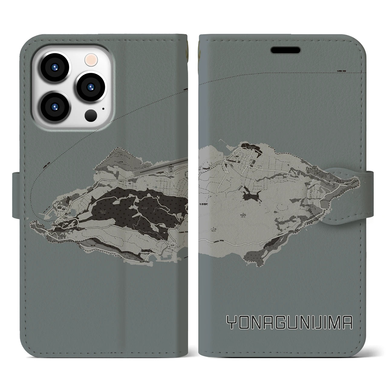 【与那国島(沖縄県)】地図柄iPhoneケース(手帳タイプ)モノトーン・iPhone 13 Pro 用