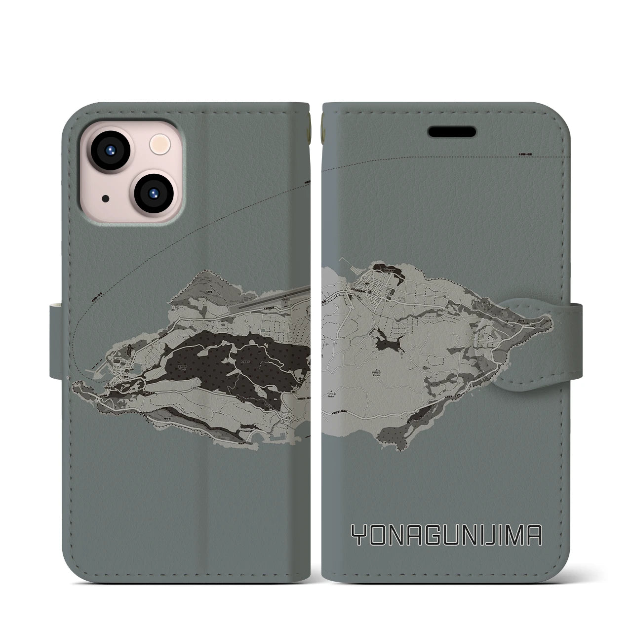 【与那国島(沖縄県)】地図柄iPhoneケース(手帳タイプ)モノトーン・iPhone 13 mini 用