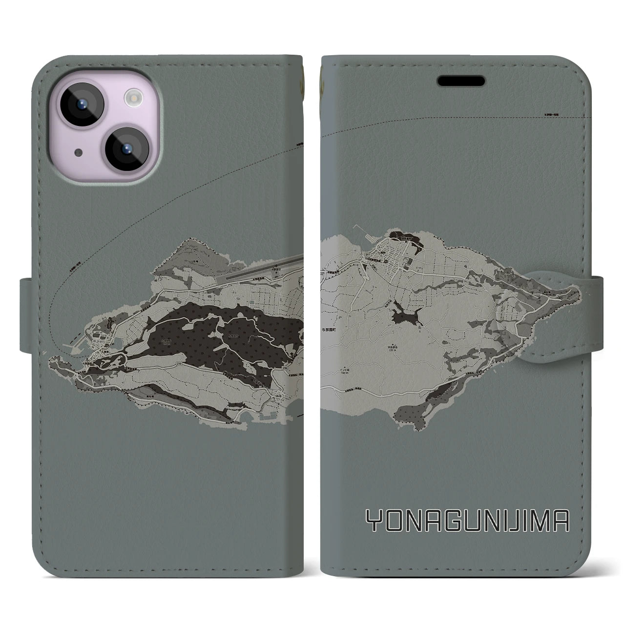 【与那国島(沖縄県)】地図柄iPhoneケース(手帳タイプ)モノトーン・iPhone 14 用
