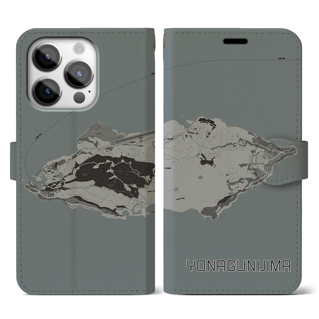 【与那国島(沖縄県)】地図柄iPhoneケース(手帳タイプ)モノトーン・iPhone 14 Pro 用
