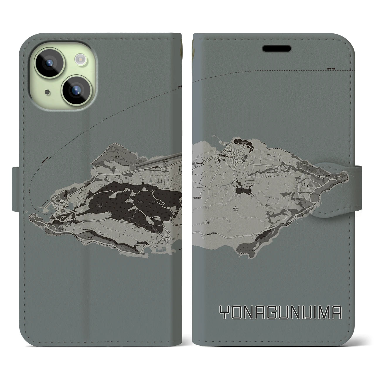 【与那国島(沖縄県)】地図柄iPhoneケース(手帳タイプ)モノトーン・iPhone 15 用