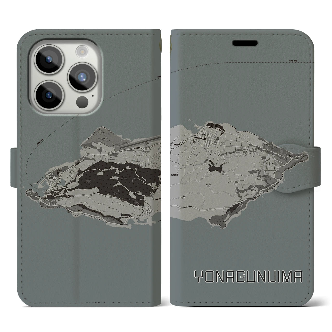 【与那国島(沖縄県)】地図柄iPhoneケース(手帳タイプ)モノトーン・iPhone 15 Pro 用