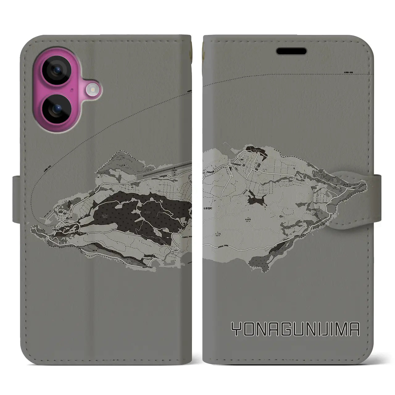 【与那国島(沖縄県)】地図柄iPhoneケース(手帳タイプ)モノトーン・iPhone 16 Pro 用