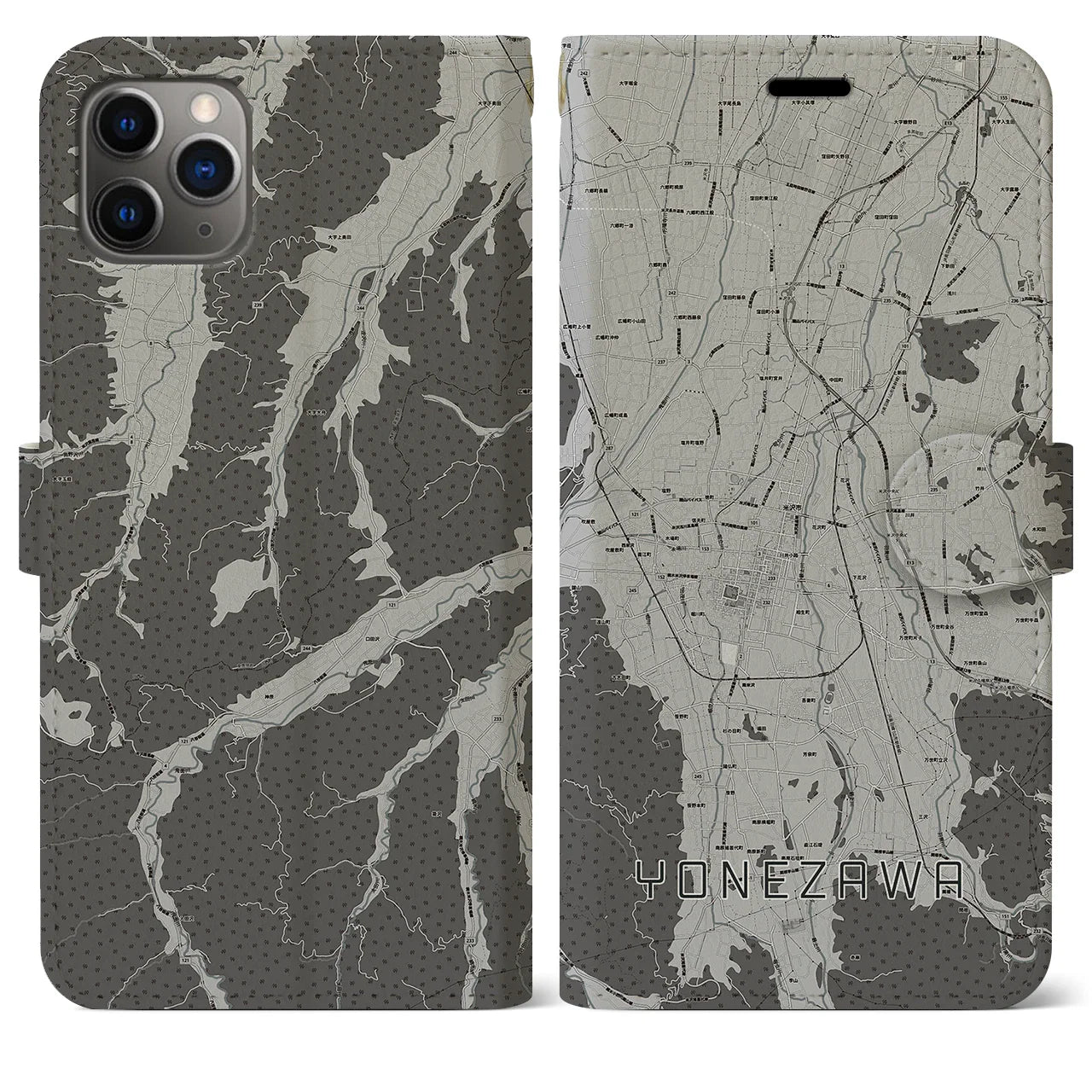 【米沢(山形県)】地図柄iPhoneケース(手帳タイプ)モノトーン・iPhone 11 Pro Max 用