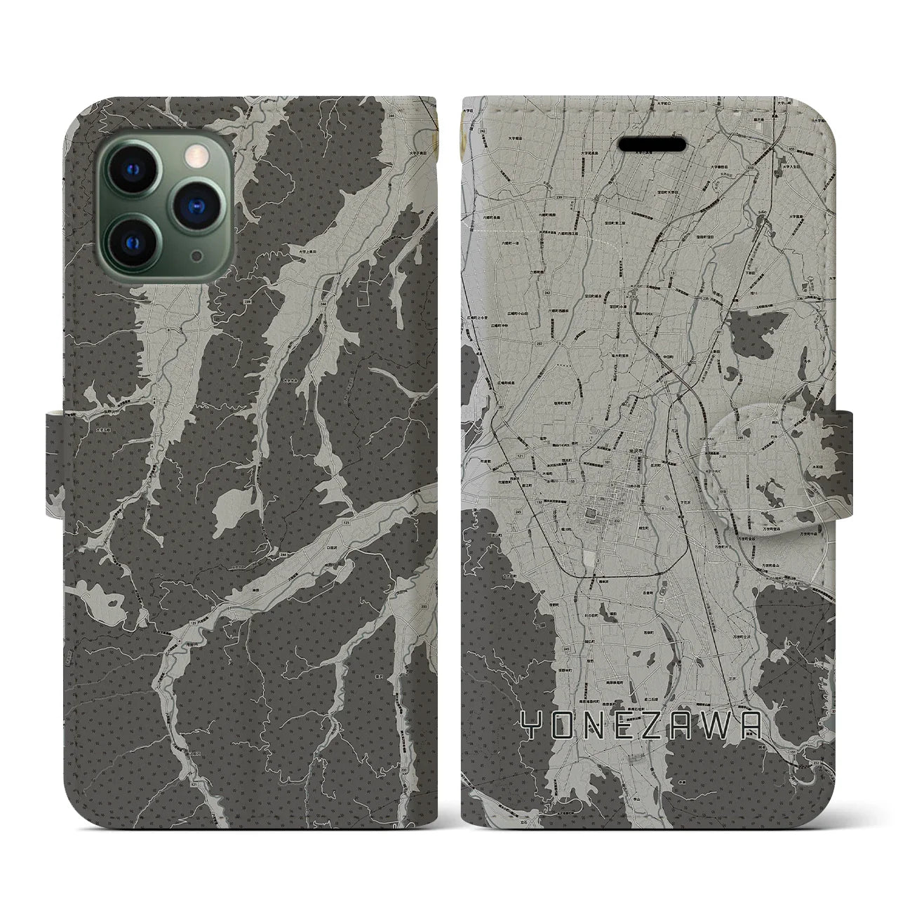 【米沢(山形県)】地図柄iPhoneケース(手帳タイプ)モノトーン・iPhone 11 Pro 用