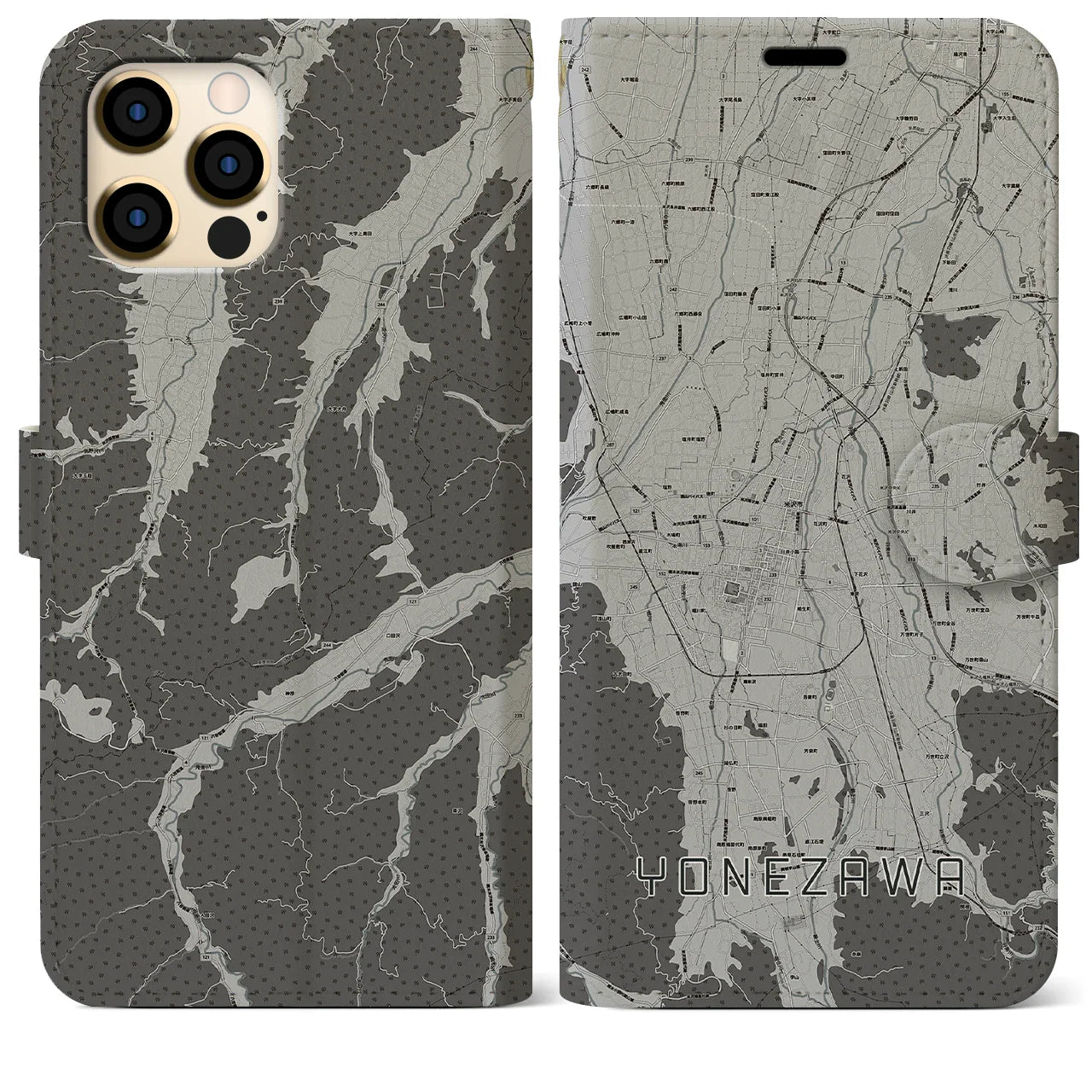 【米沢(山形県)】地図柄iPhoneケース(手帳タイプ)モノトーン・iPhone 12 Pro Max 用