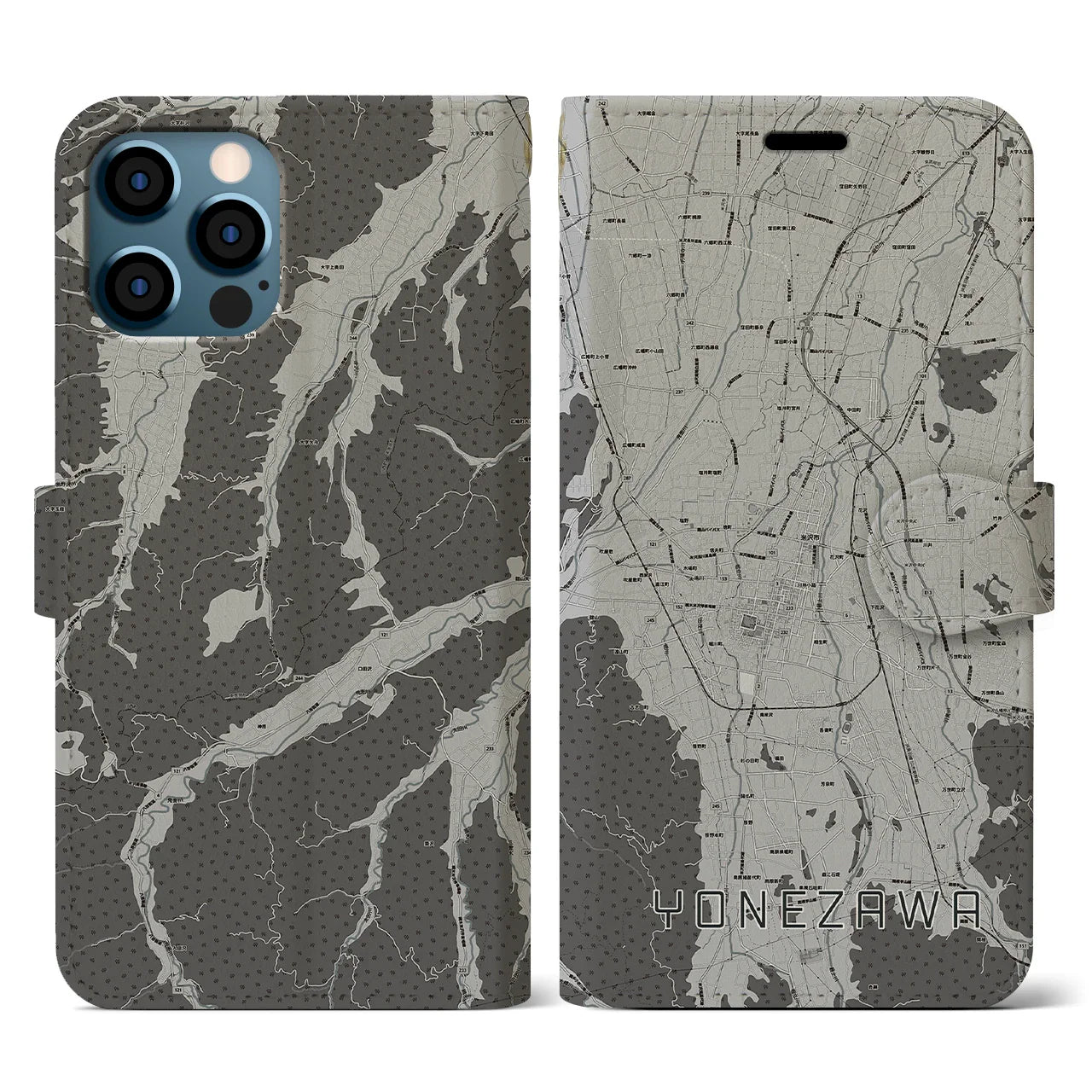 【米沢(山形県)】地図柄iPhoneケース(手帳タイプ)モノトーン・iPhone 12 / 12 Pro 用
