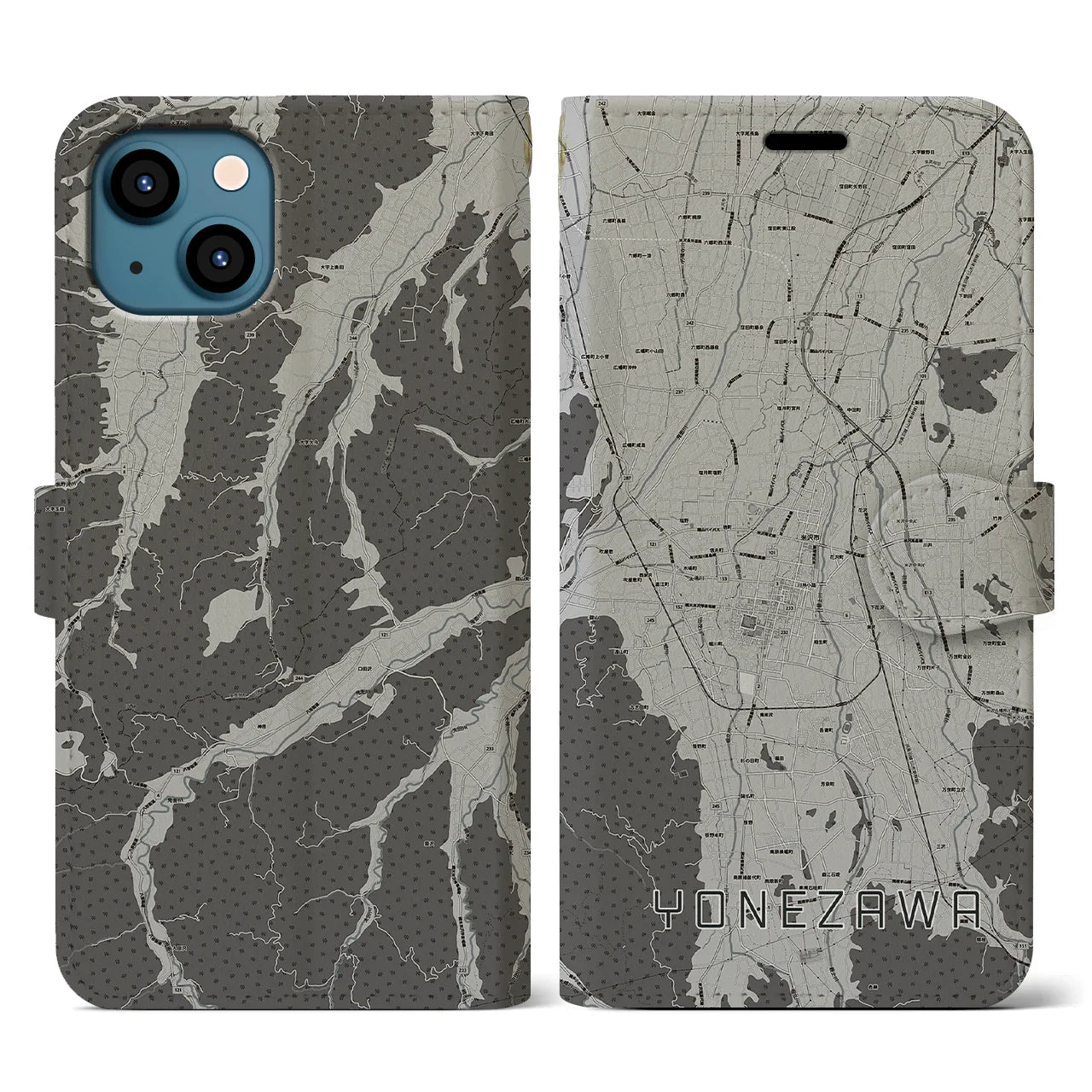 【米沢(山形県)】地図柄iPhoneケース(手帳タイプ)モノトーン・iPhone 13 用