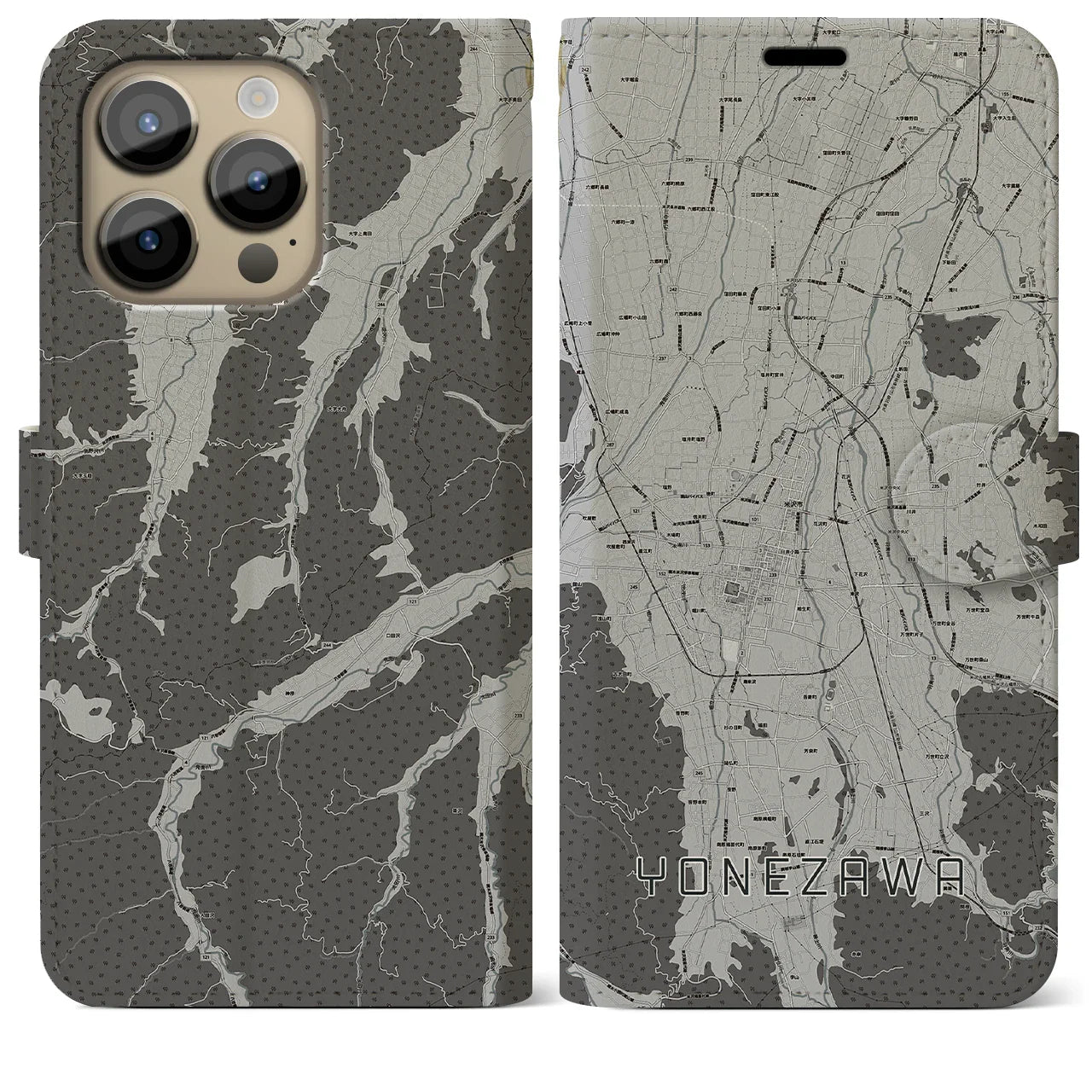 【米沢(山形県)】地図柄iPhoneケース(手帳タイプ)モノトーン・iPhone 14 Pro Max 用
