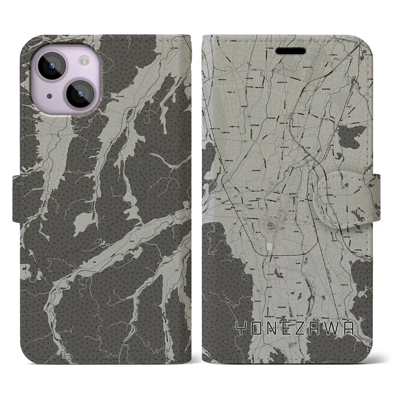 【米沢(山形県)】地図柄iPhoneケース(手帳タイプ)モノトーン・iPhone 14 用
