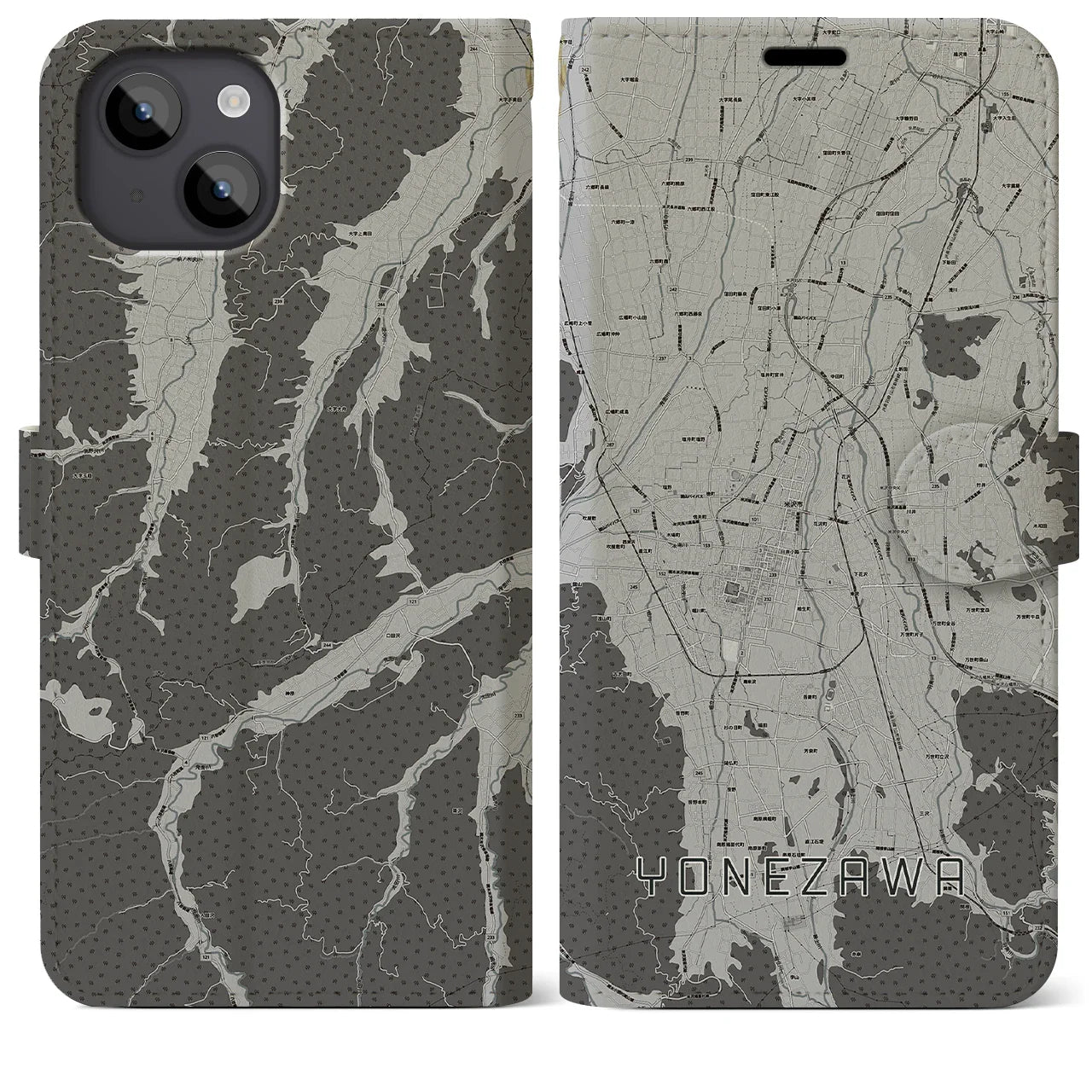 【米沢(山形県)】地図柄iPhoneケース(手帳タイプ)モノトーン・iPhone 14 Plus 用