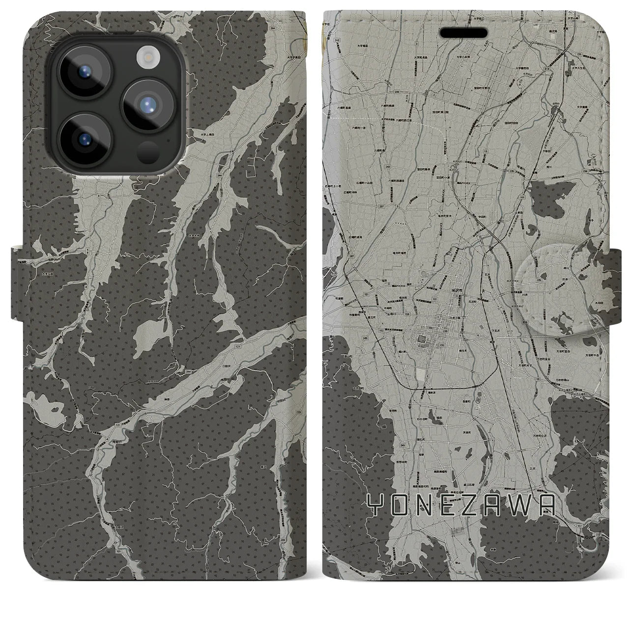 【米沢(山形県)】地図柄iPhoneケース(手帳タイプ)モノトーン・iPhone 15 Pro Max 用