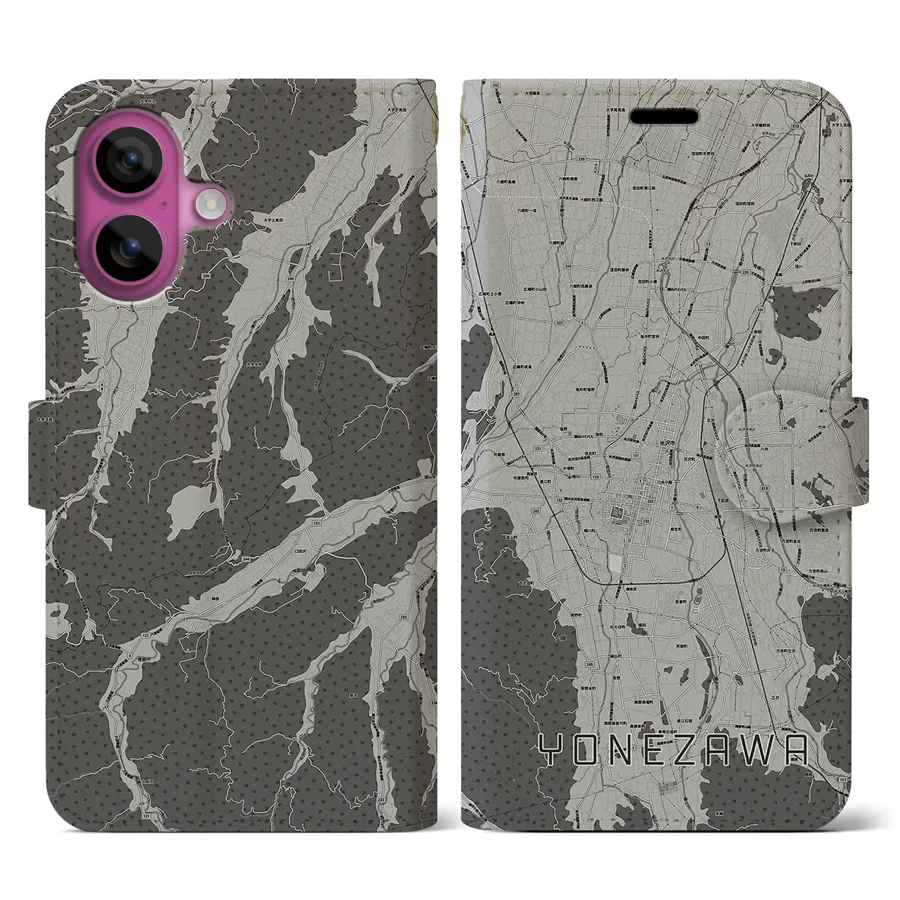 【米沢(山形県)】地図柄iPhoneケース(手帳タイプ)モノトーン・iPhone 16 Pro 用