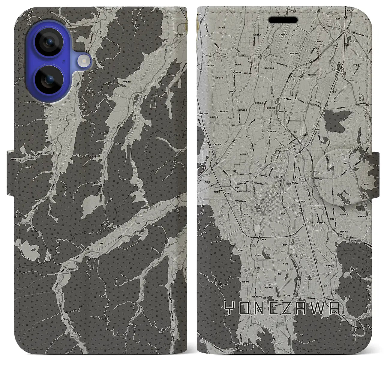 【米沢(山形県)】地図柄iPhoneケース(手帳タイプ)モノトーン・iPhone 16 Pro Max 用
