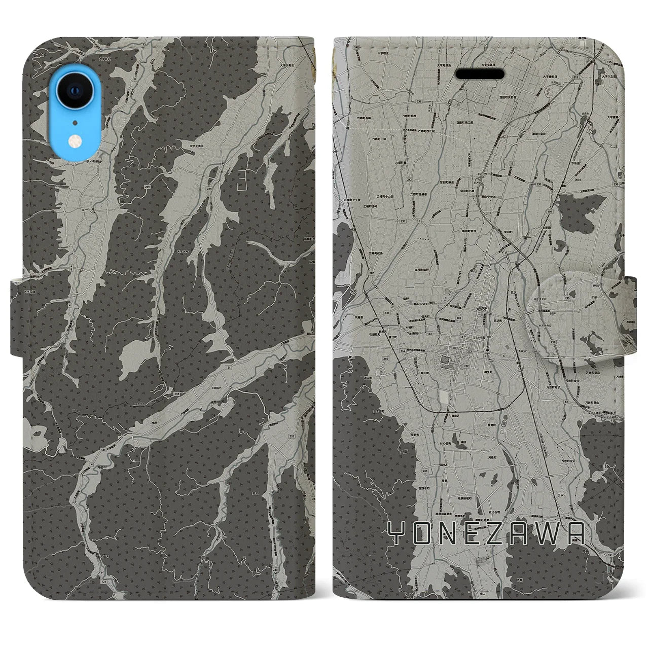 【米沢(山形県)】地図柄iPhoneケース(手帳タイプ)モノトーン・iPhone XR 用