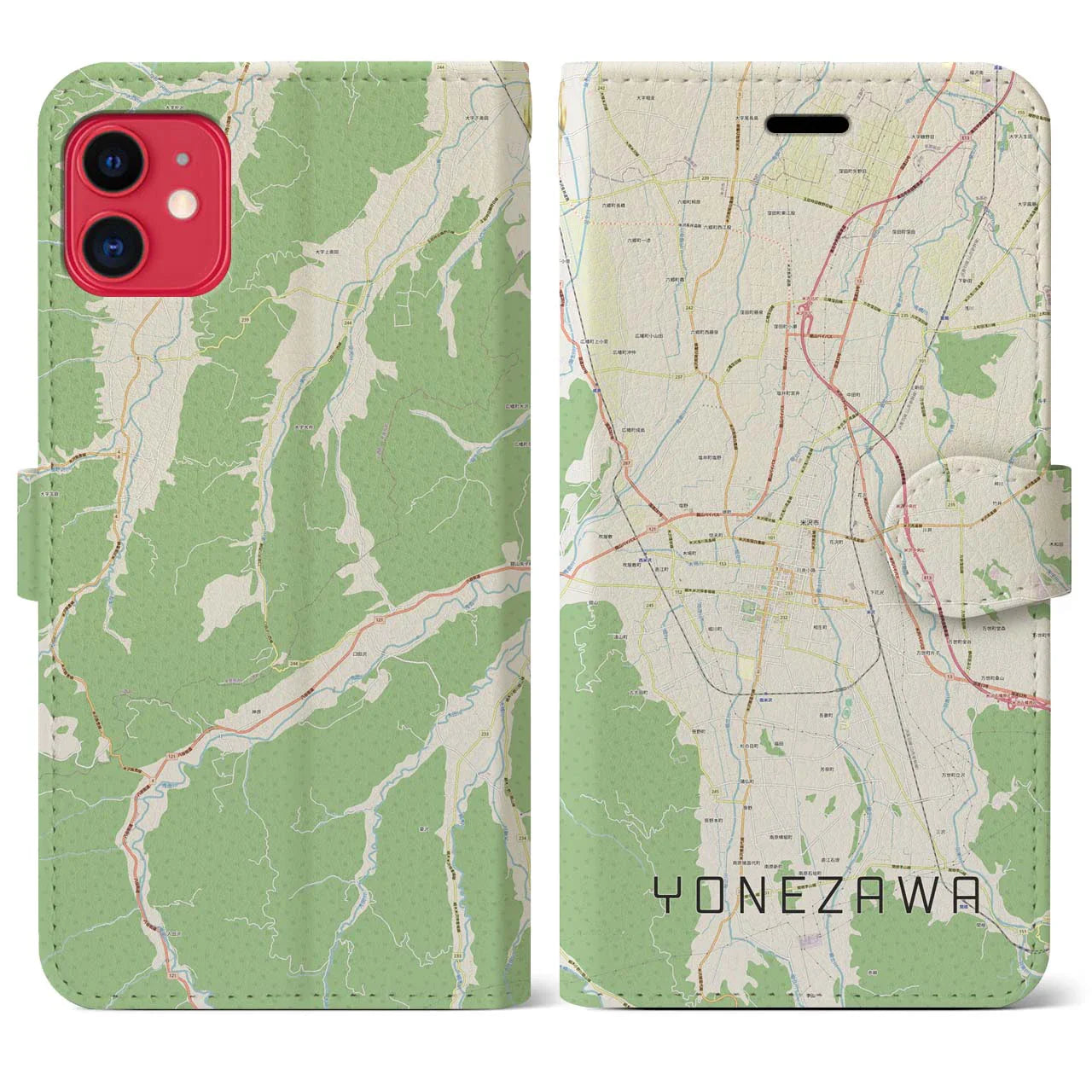 【米沢(山形県)】地図柄iPhoneケース(手帳タイプ)ナチュラル・iPhone 11 用