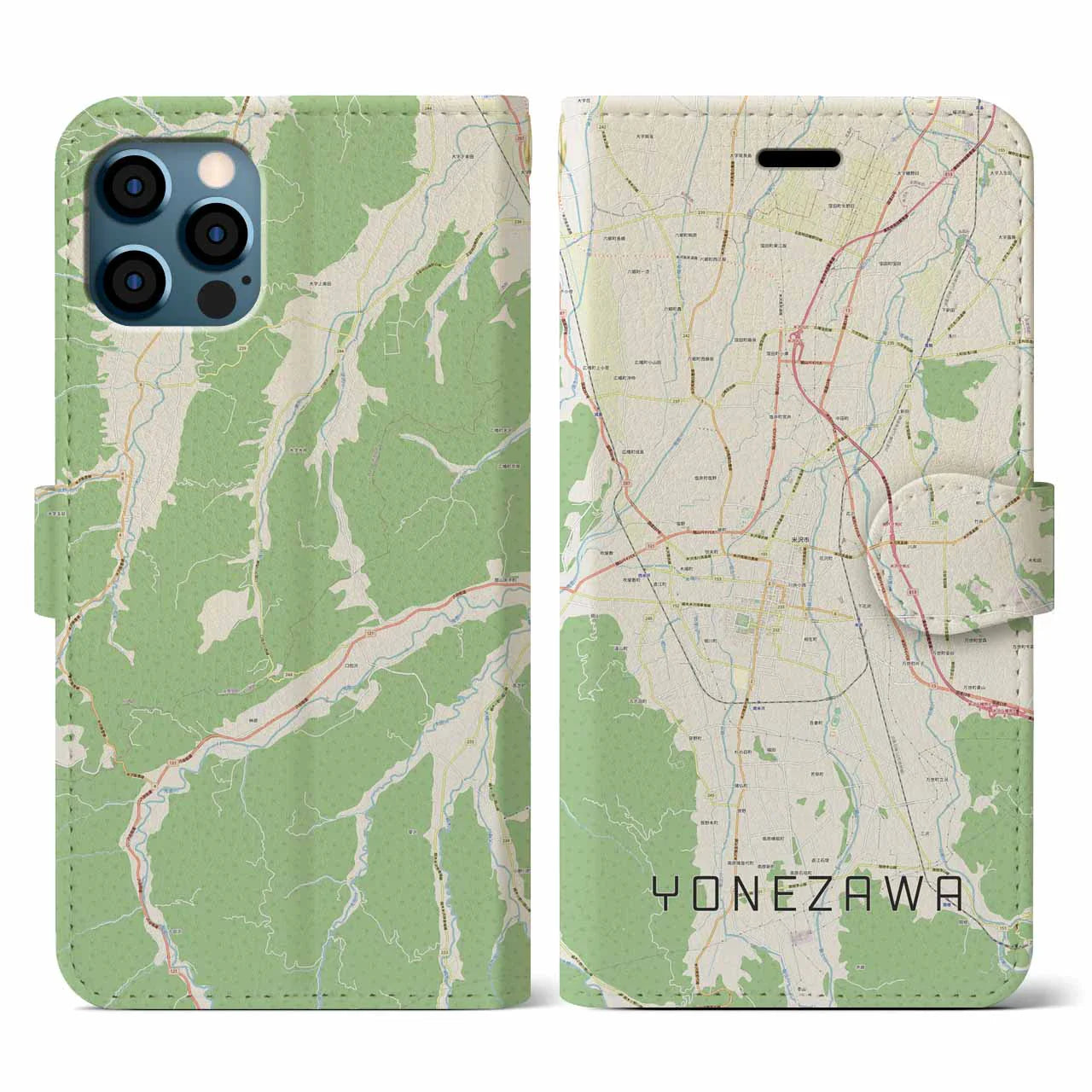 【米沢(山形県)】地図柄iPhoneケース(手帳タイプ)ナチュラル・iPhone 12 / 12 Pro 用