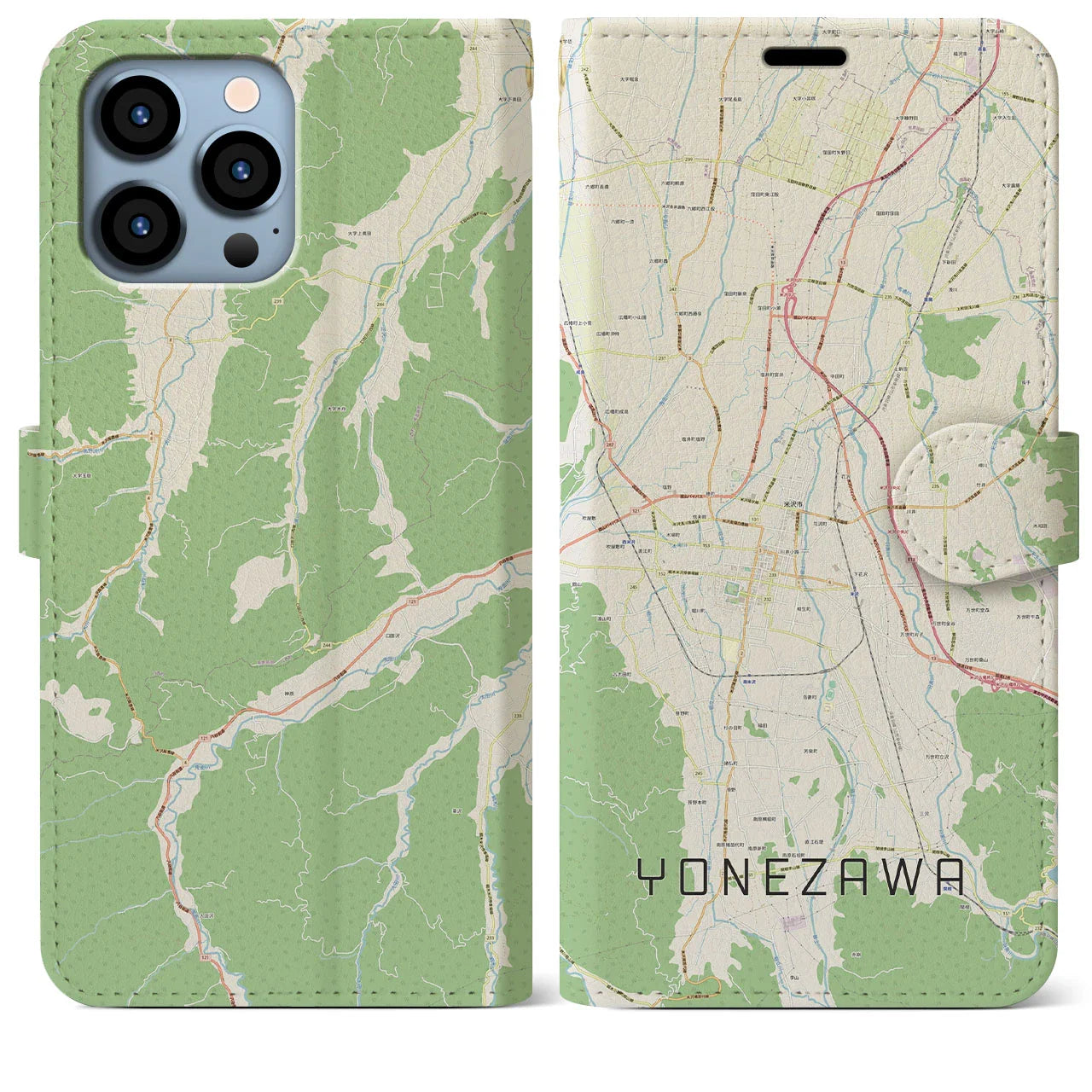 【米沢(山形県)】地図柄iPhoneケース(手帳タイプ)ナチュラル・iPhone 13 Pro Max 用