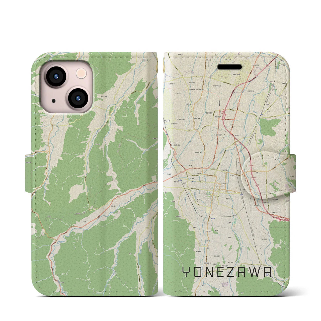 【米沢(山形県)】地図柄iPhoneケース(手帳タイプ)ナチュラル・iPhone 13 mini 用