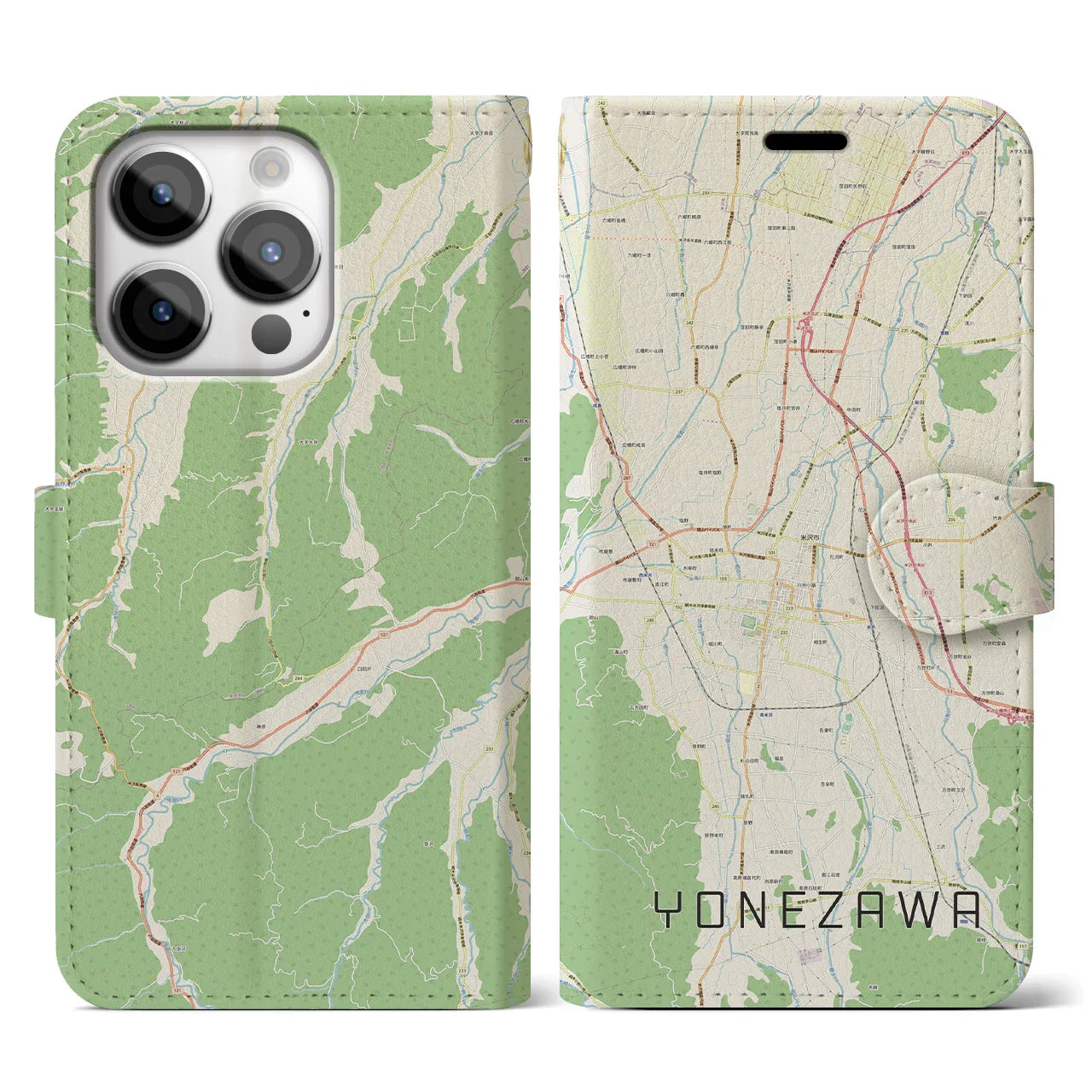 【米沢(山形県)】地図柄iPhoneケース(手帳タイプ)ナチュラル・iPhone 14 Pro 用