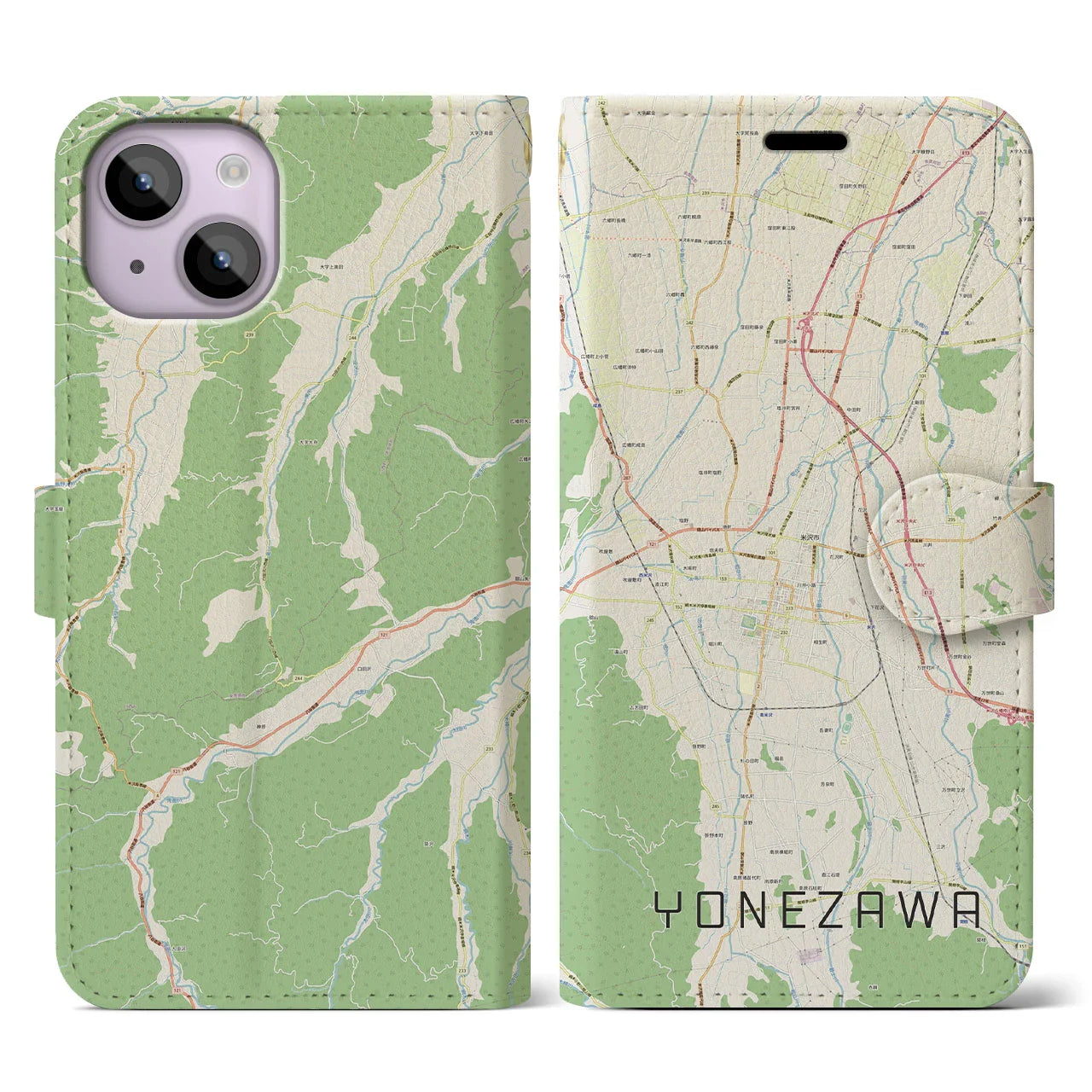 【米沢(山形県)】地図柄iPhoneケース(手帳タイプ)ナチュラル・iPhone 14 用
