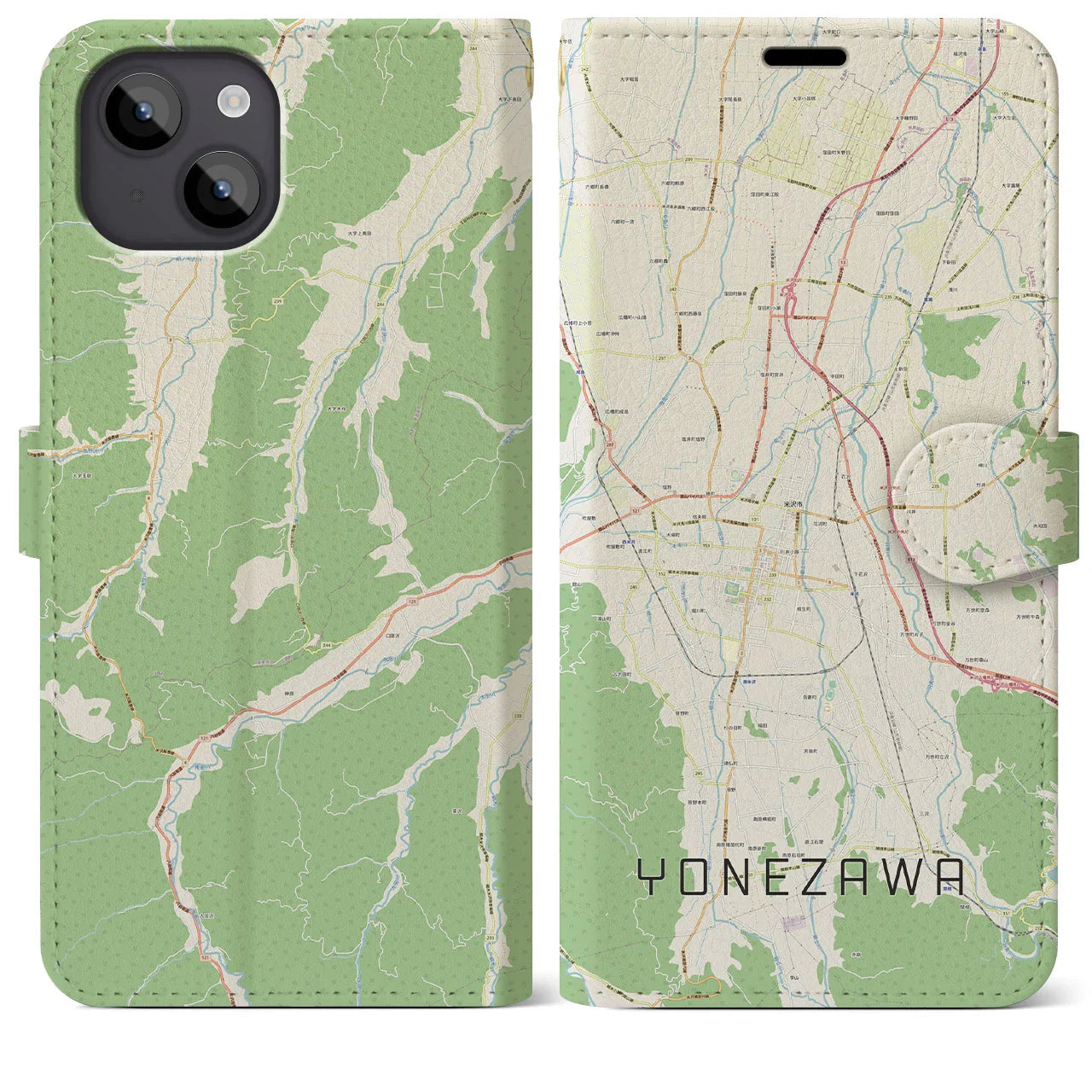 【米沢(山形県)】地図柄iPhoneケース(手帳タイプ)ナチュラル・iPhone 14 Plus 用
