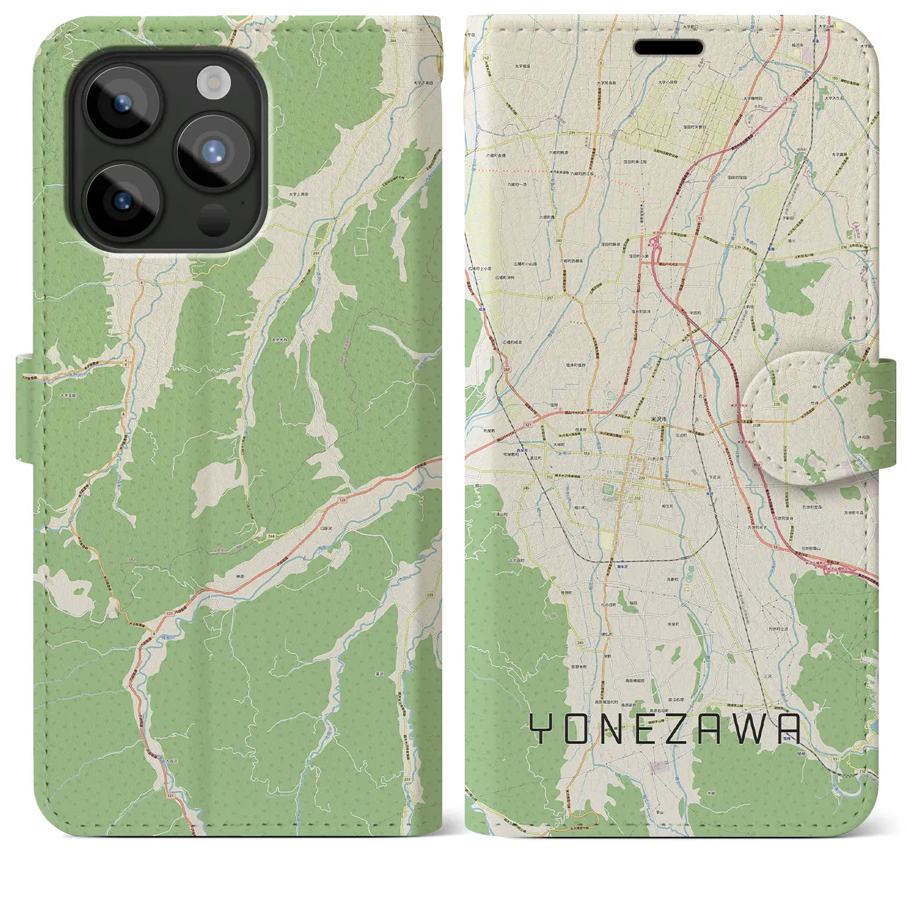 【米沢(山形県)】地図柄iPhoneケース(手帳タイプ)ナチュラル・iPhone 15 Pro Max 用