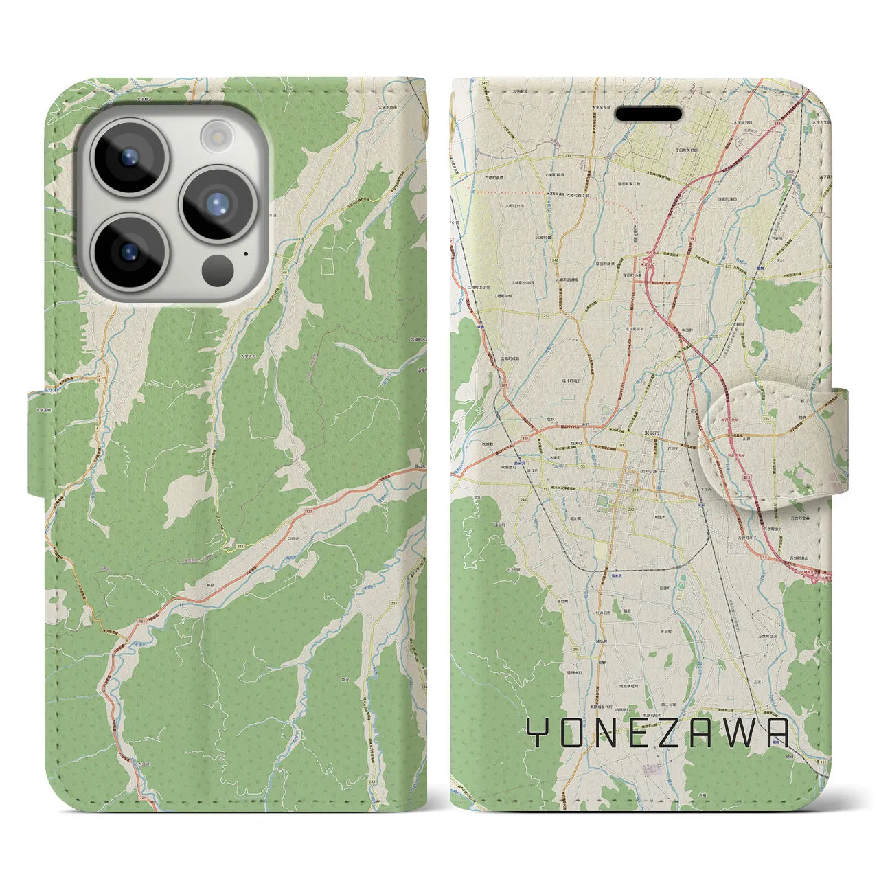 【米沢(山形県)】地図柄iPhoneケース(手帳タイプ)ナチュラル・iPhone 15 Pro 用