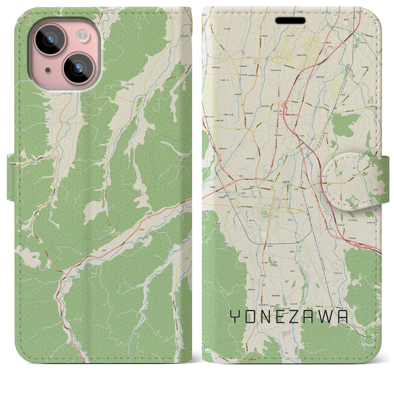 【米沢(山形県)】地図柄iPhoneケース(手帳タイプ)ナチュラル・iPhone 15 Plus 用