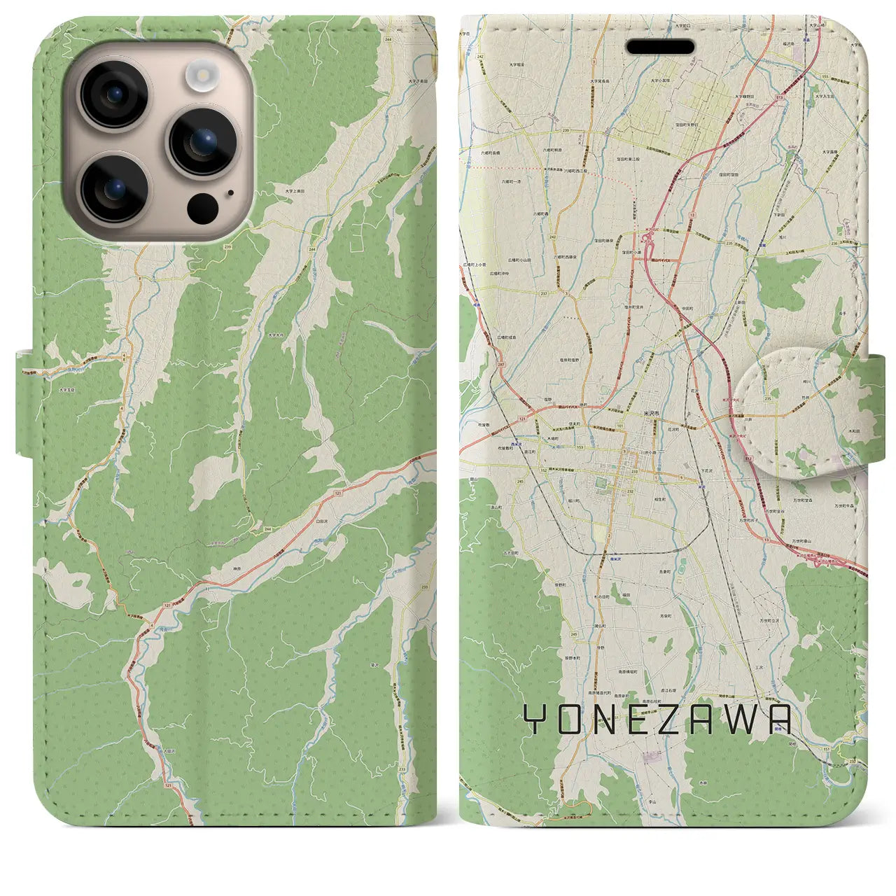 【米沢(山形県)】地図柄iPhoneケース(手帳タイプ)ナチュラル・iPhone 16 Plus 用