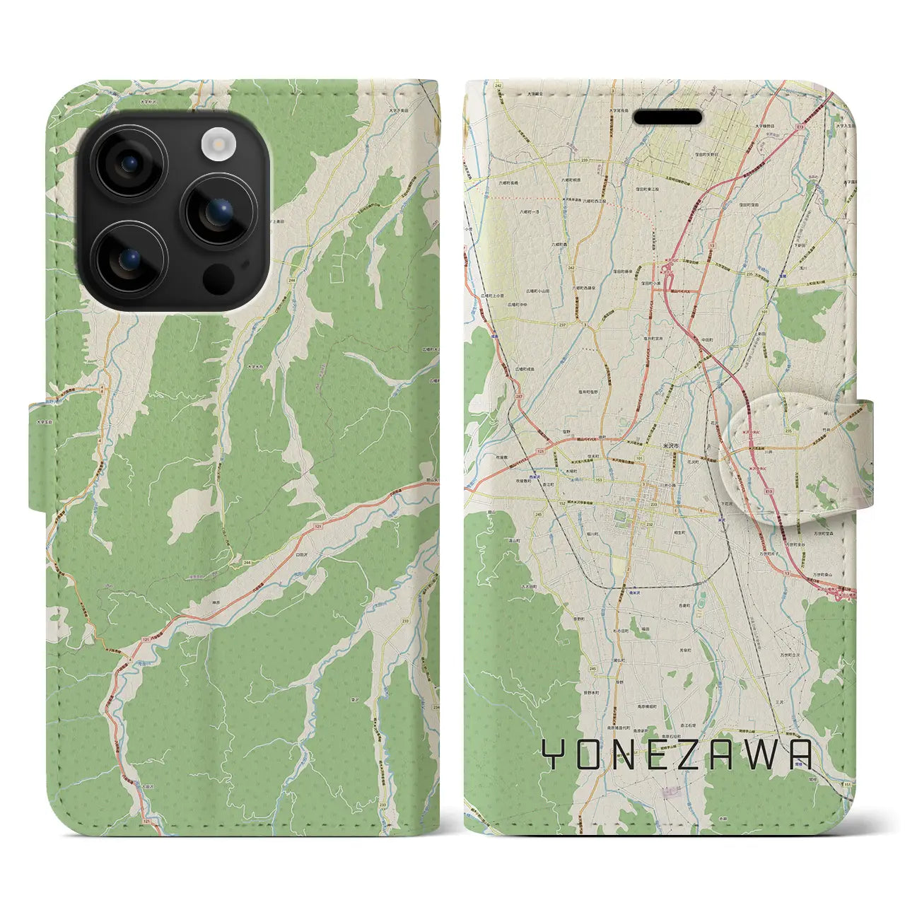 【米沢(山形県)】地図柄iPhoneケース(手帳タイプ)ナチュラル・iPhone 16 用